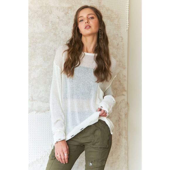 ADORA Vintage Edge Drop Shoulder Lightweight Loose Pullover Sweater | Off White - Picture 4 of 5